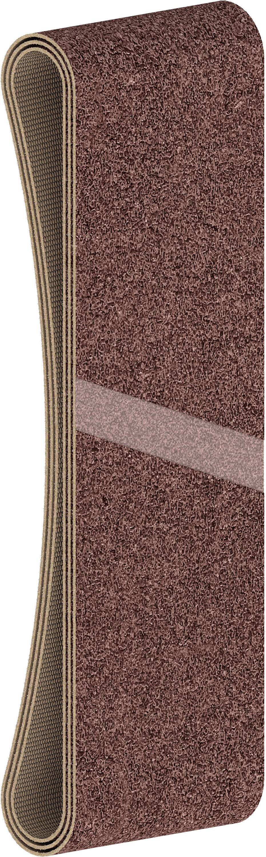Une bande abrasive marron, en forme de boucle, enroulée en spirale, adaptée à l'utilisation dans les machines de ponçage.