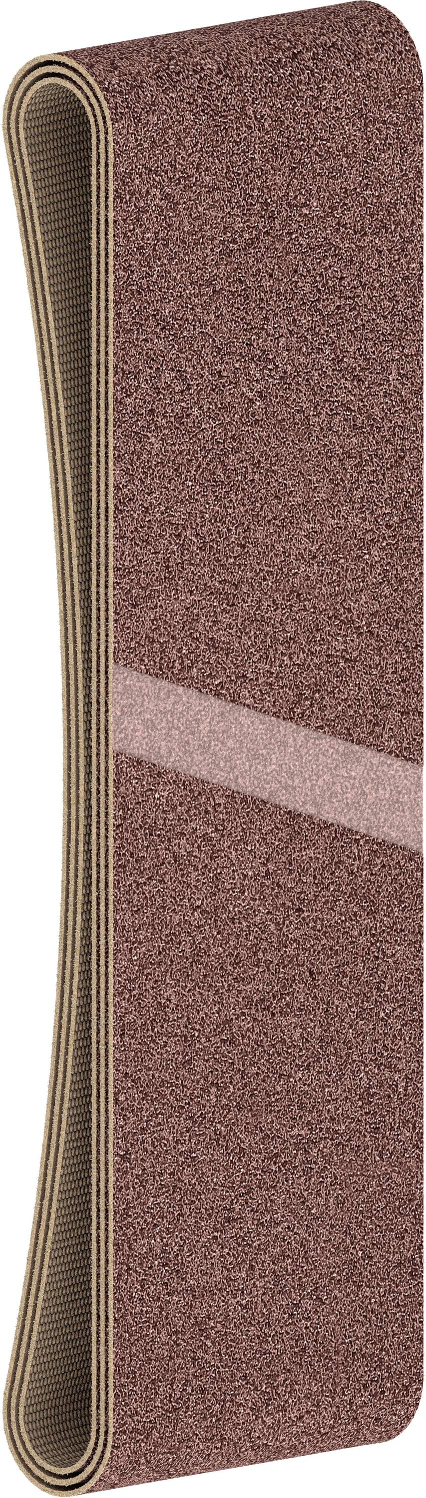 Une bande abrasive marron, enroulée, avec une surface rugueuse, adaptée au ponçage de matériaux tels que le bois ou le métal.