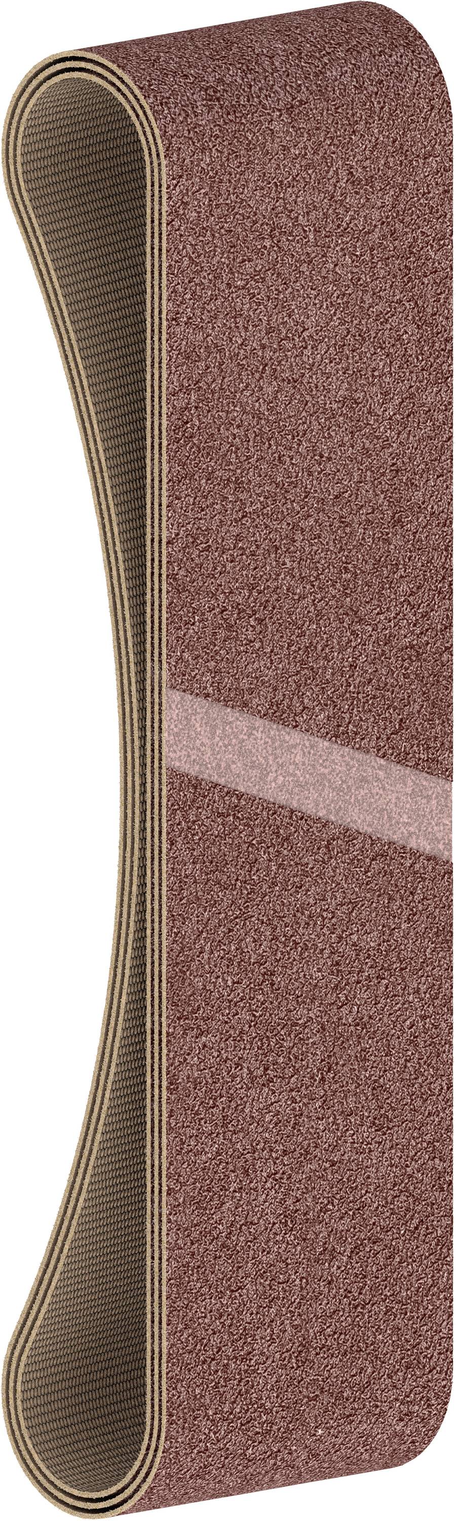 Bande abrasive marron, ovale et plate, adaptée aux ponceuses à bande électriques.