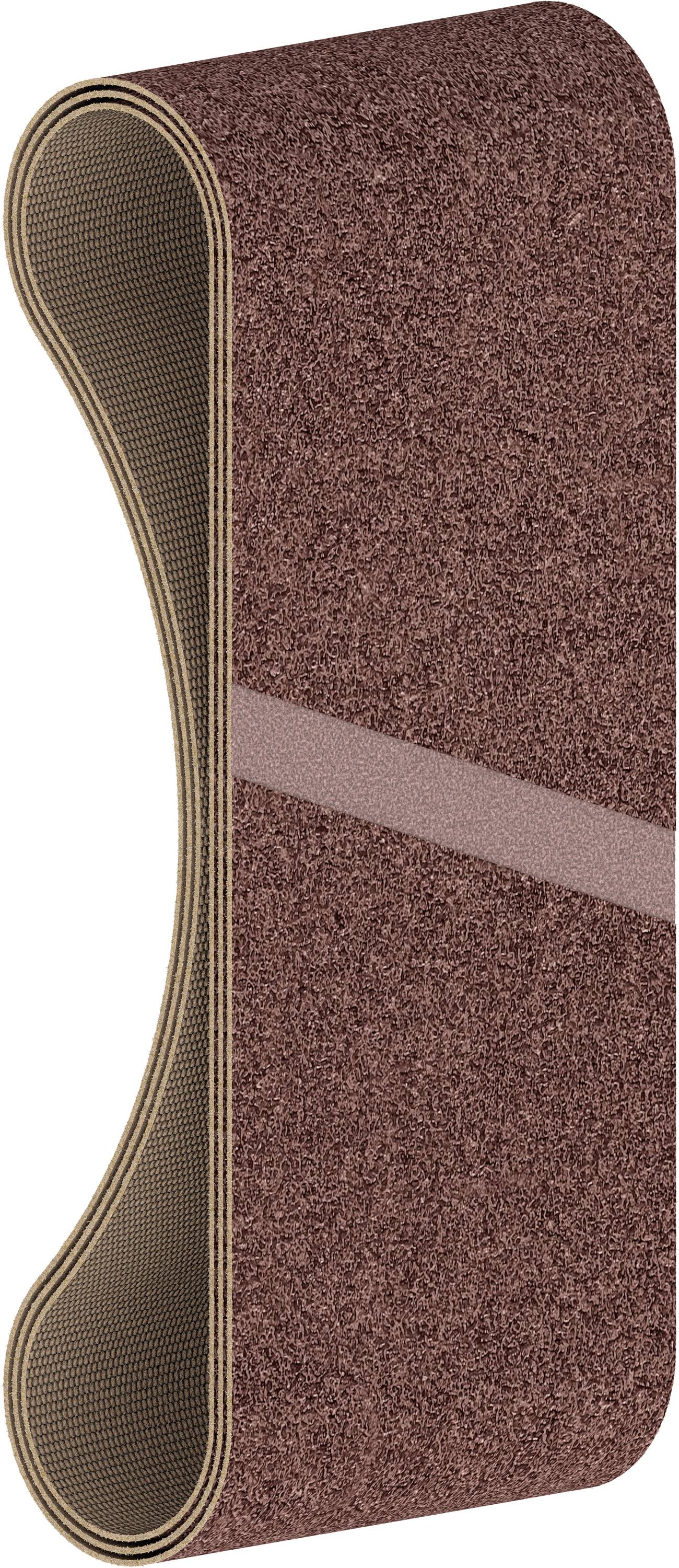 Bande abrasive marron en forme de boucle, vue de côté. Structure et matériau du ruban visibles.