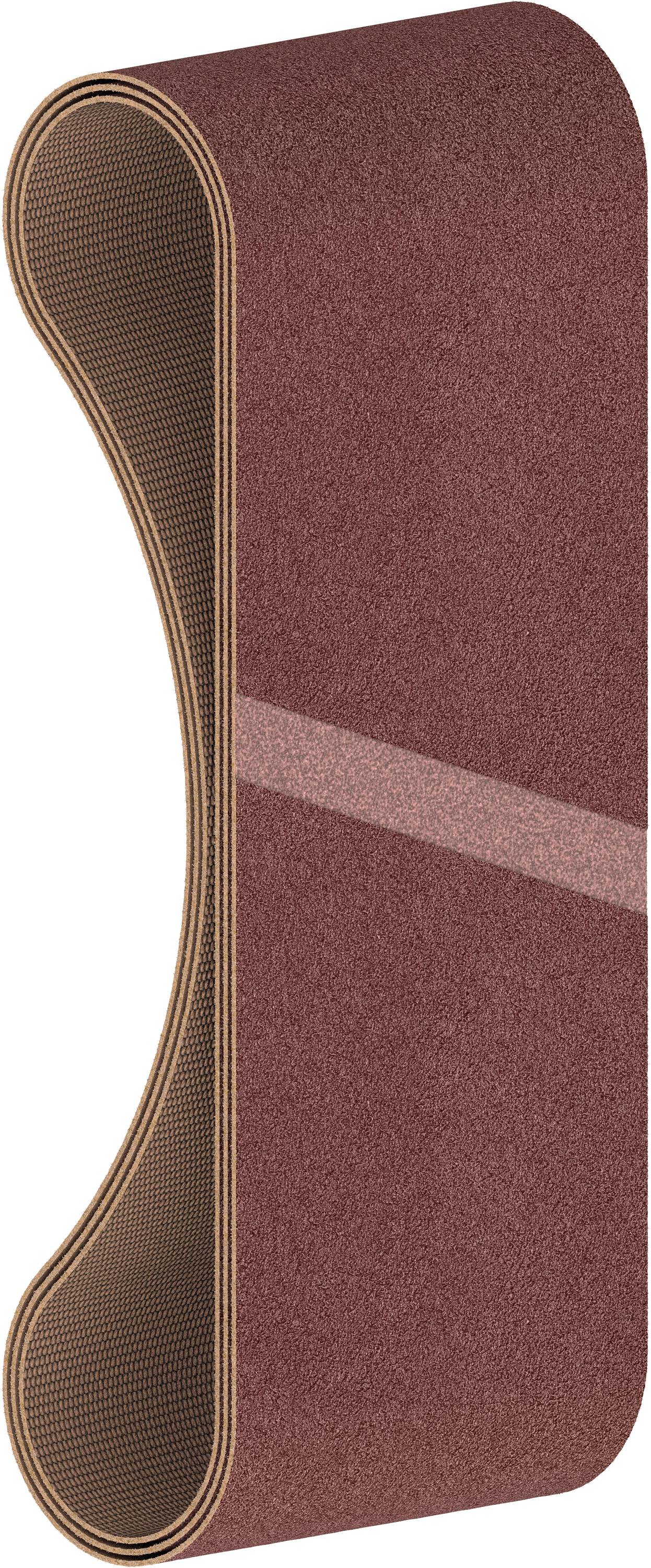 Une bande abrasive marron, à la surface semblable à du papier de verre, formant un cercle fermé, est présentée.