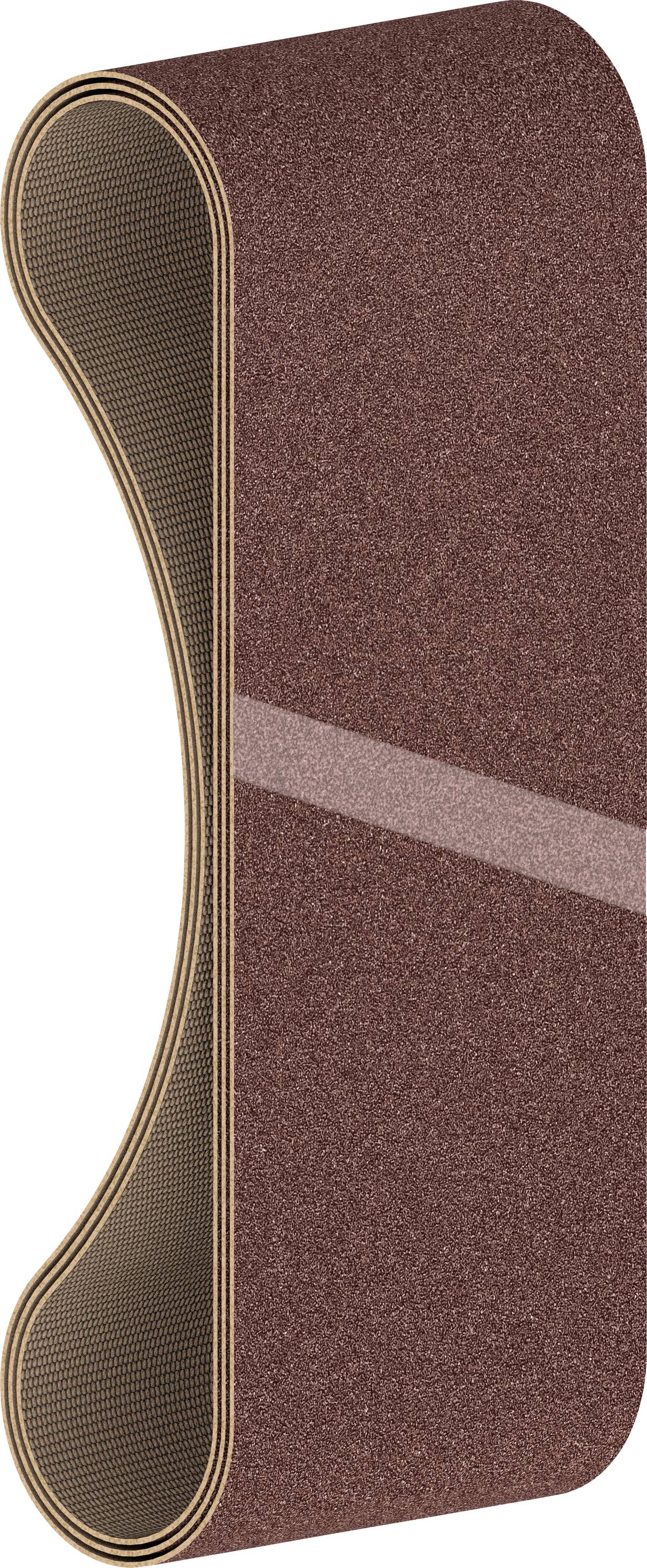 Une bande abrasive en forme de boucle, grain brun, adaptée pour l'usinage de bois ou de métal sur machine.