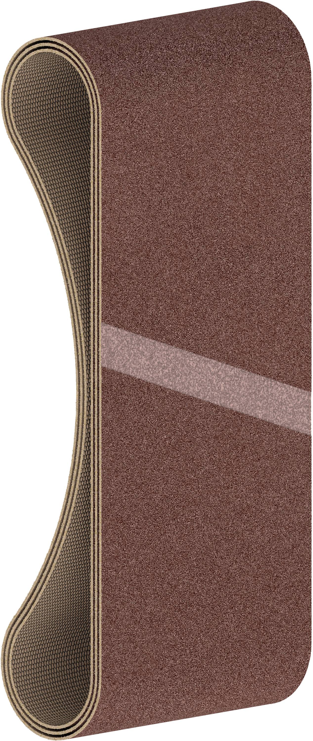 Bande abrasive brune en forme de boucle. Adaptée au ponçage de surfaces dans des applications industrielles ou artisanales.