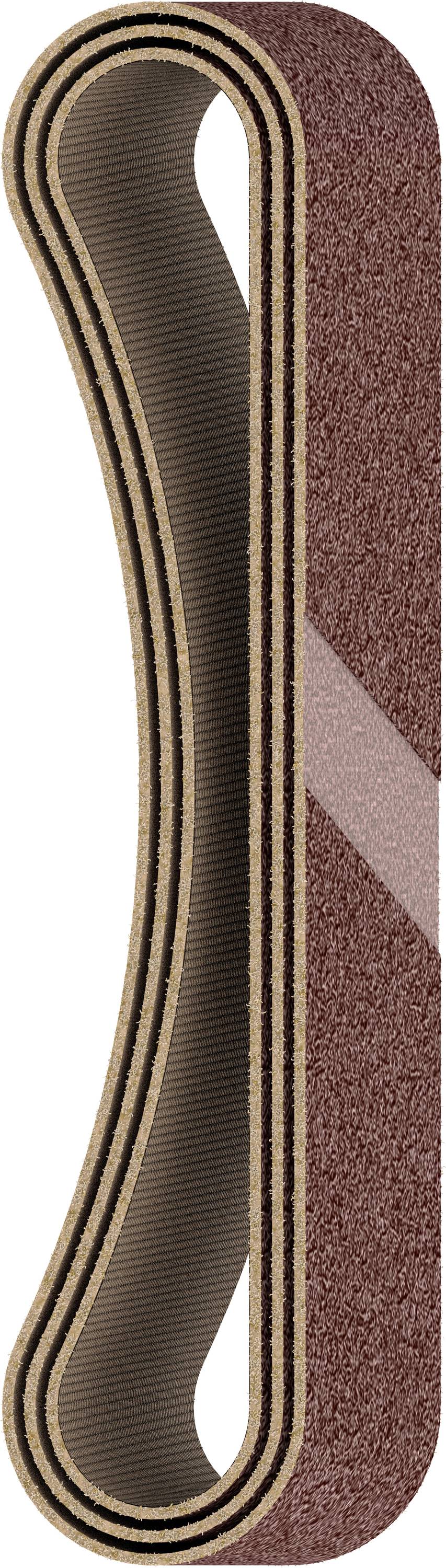 Longue bande abrasive incurvée avec une structure brune et beige, probablement destinée à être utilisée sur un ponceuse à bande.