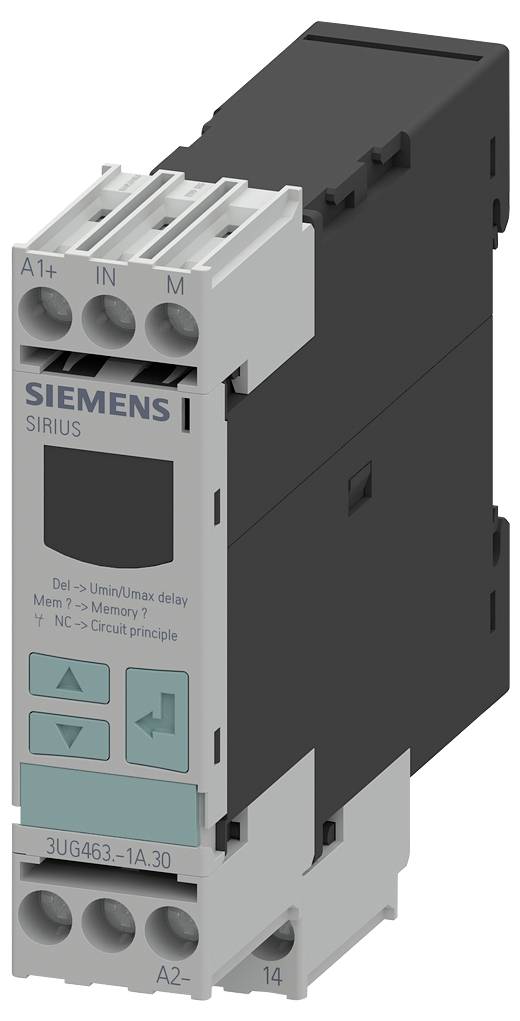 Un appareil de commutation Siemens SIRIUS en gris et noir. Présente plusieurs connexions et étiquettes pour la temporisation, la mémoire et le principe de commutation.