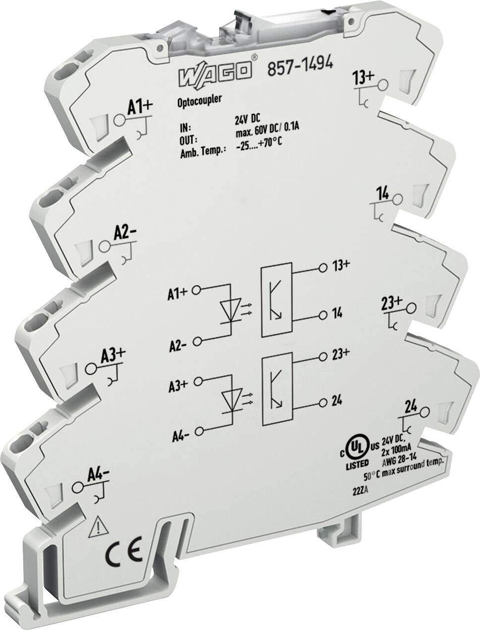 Un module d'optocoupleur avec connecteurs étiquetés et symboles de circuit, marqué 'WAGO 857-1494', conçu pour une utilisation en 24V DC, certifié UL.