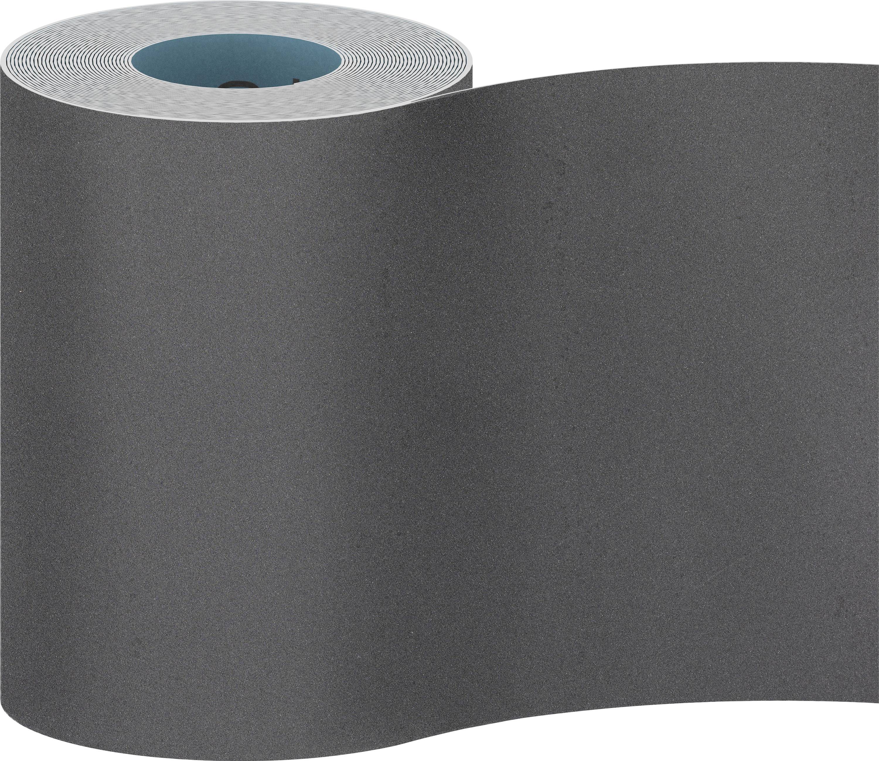 Un grand rouleau de papier de verre gris foncé, prêt à être utilisé pour des travaux de ponçage.