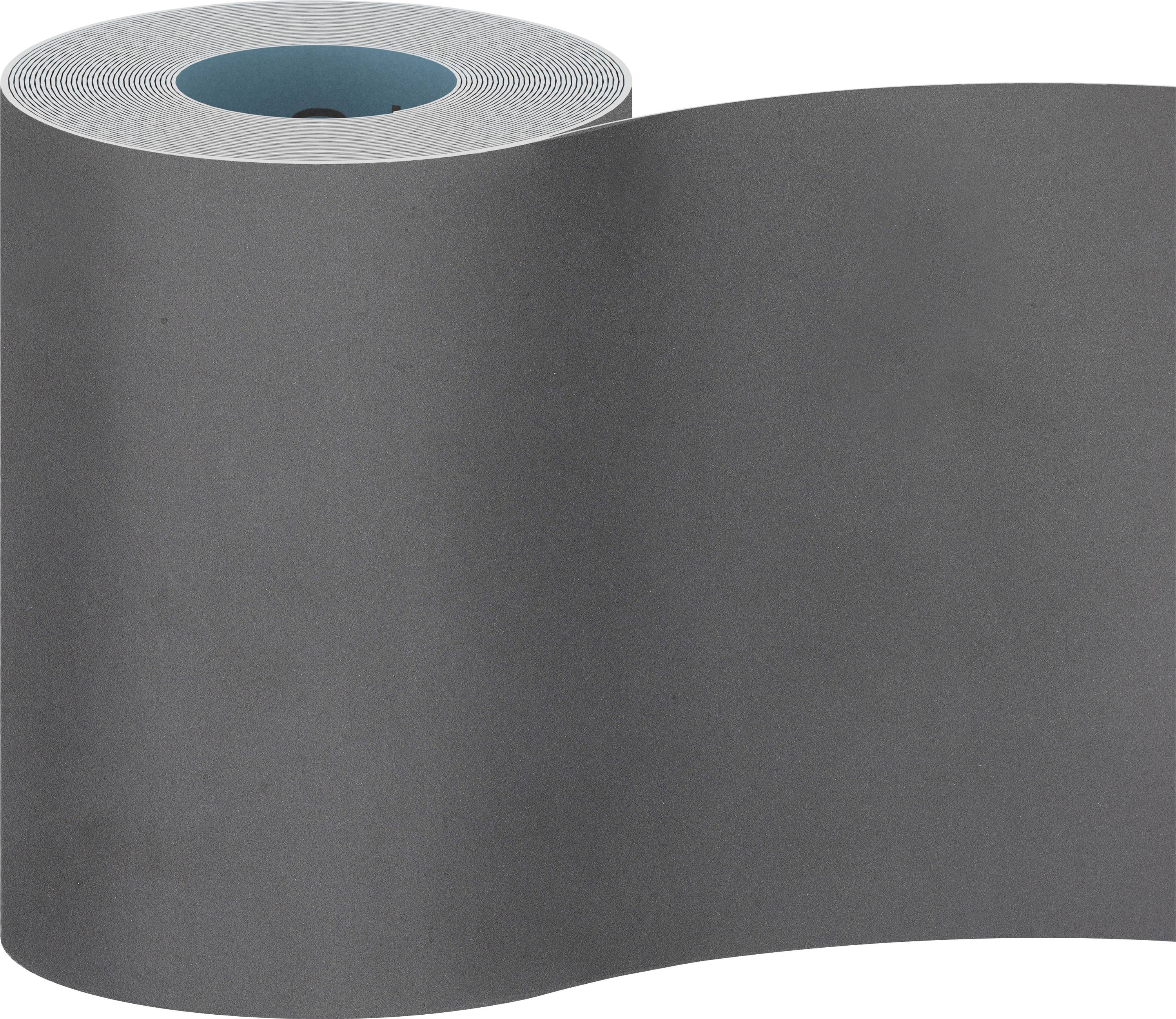 Un rouleau de papier de verre noir avec une texture rugueuse et un noyau intérieur bleu. Adapté pour poncer et lisser les surfaces.