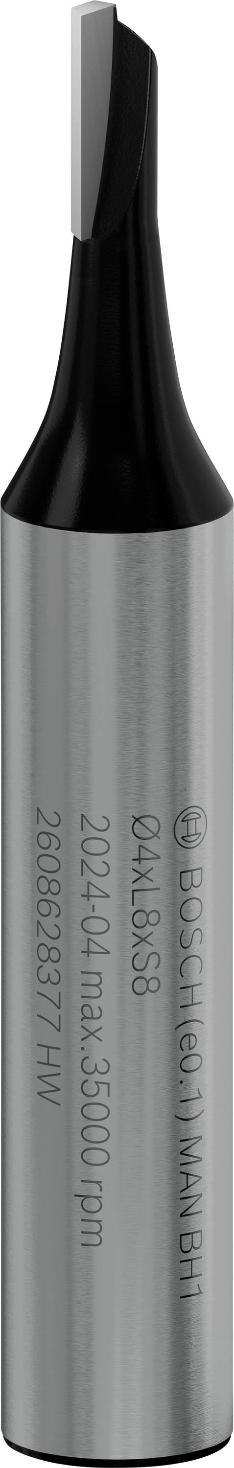 Un foret argenté avec une poignée noire et des gravures : 'BOSCH', données techniques et numéro de série.