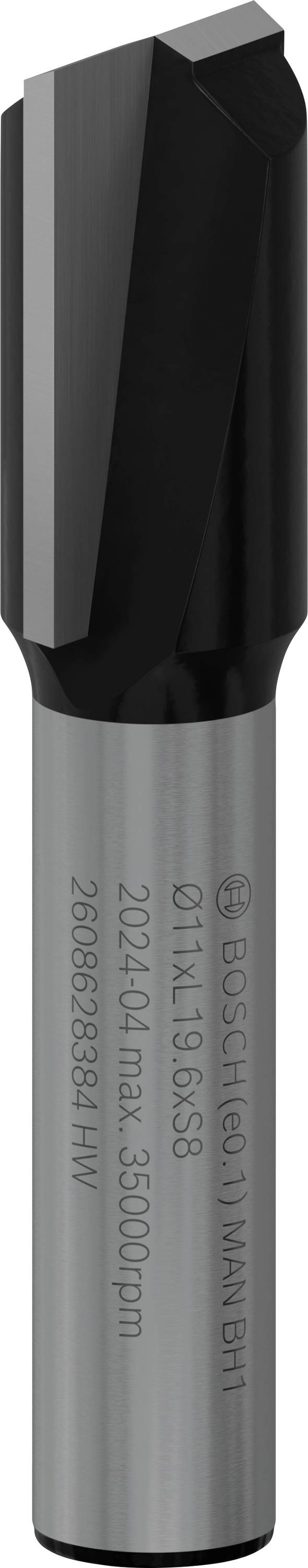 Gros plan d'une fraise en carbure argent-gris à deux tranchants, adaptée pour l'usinage du bois et des matières plastiques. Logo Bosch gravé.