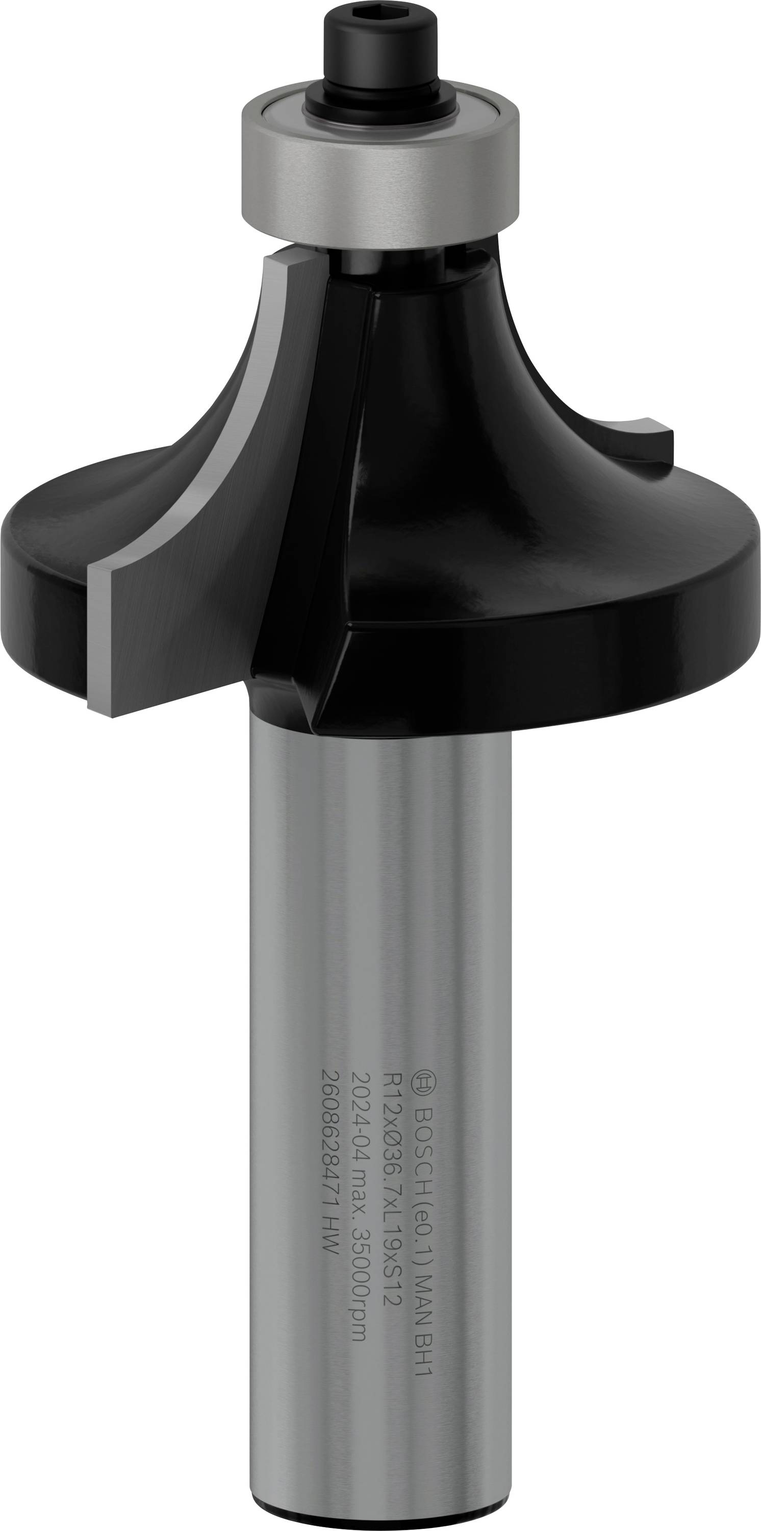 Fraise en métal avec tête de coupe noire et tige grise. Adaptée pour un fraisage précis dans les travaux sur bois ou métal.