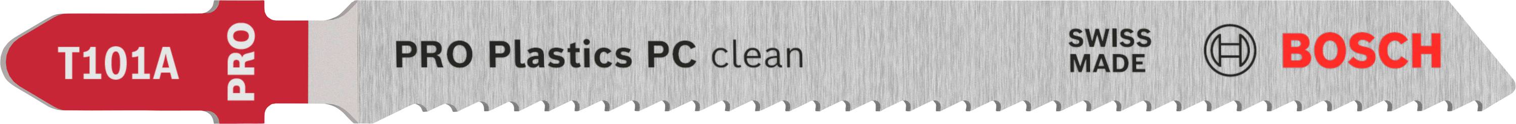 Lame de scie portant l'inscription 'T101A PRO' et 'PRO Plastics PC Clean', fabriquée en Suisse, marque : Bosch, adaptée aux plastiques.