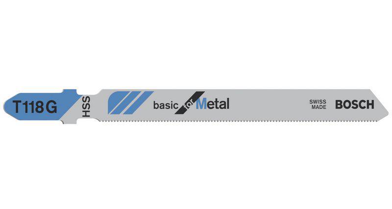 Lame de scie sauteuse pour métal, modèle 'T118G', matériau HSS, fabriquée par Bosch en Suisse.