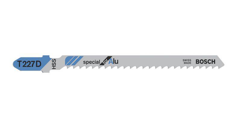 Lame de scie sauteuse Bosch, type T227D, modèle spécial pour aluminium, en argent avec marquage bleu.