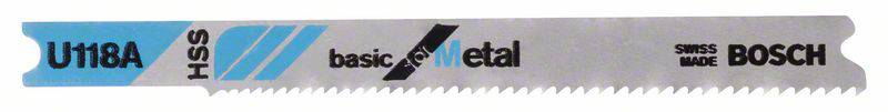 Lame de scie à métaux 'Bosch Basic Metal', modèle U118A, en acier HSS, pour coupes de métal, présentant des dents de scie fines sur le bord inférieur.
