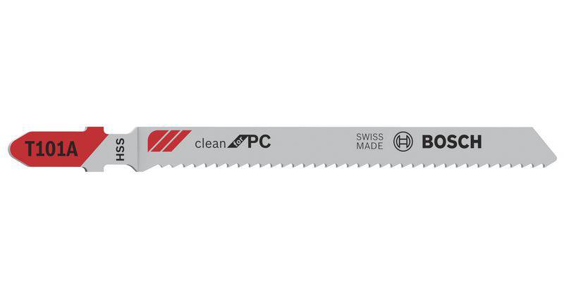 Lame de scie en métal avec des éléments rouges et gris, portant l'inscription « T101A », « clean for PC », « Swiss made », « Bosch », adaptée pour des coupes précises.