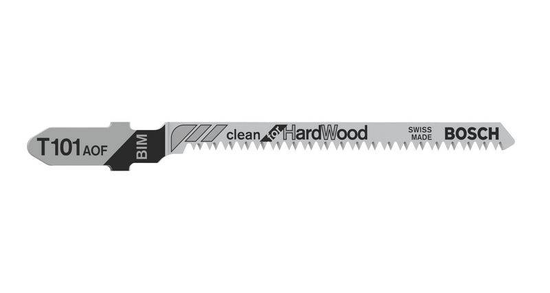 Lame de scie sauteuse portant l'inscription 'clean for HardWood', modèle T101AOF, marque Bosch. Adaptée pour le bois, présentant un bord dentelé.