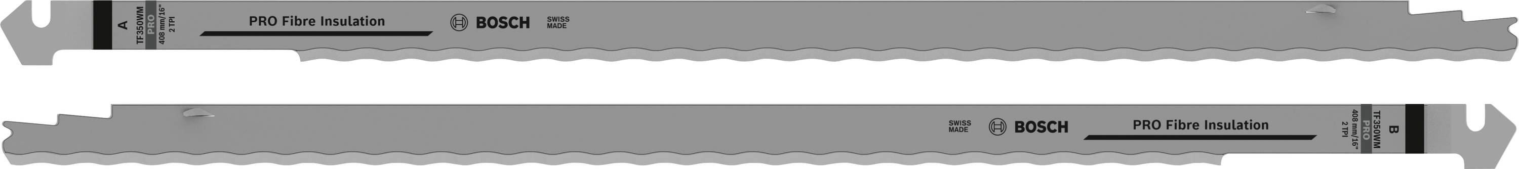 Deux lames de scie sauteuse grises de Bosch portant l'inscription 'PRO Plus Insulation', adaptées pour des coupes fines et précises.