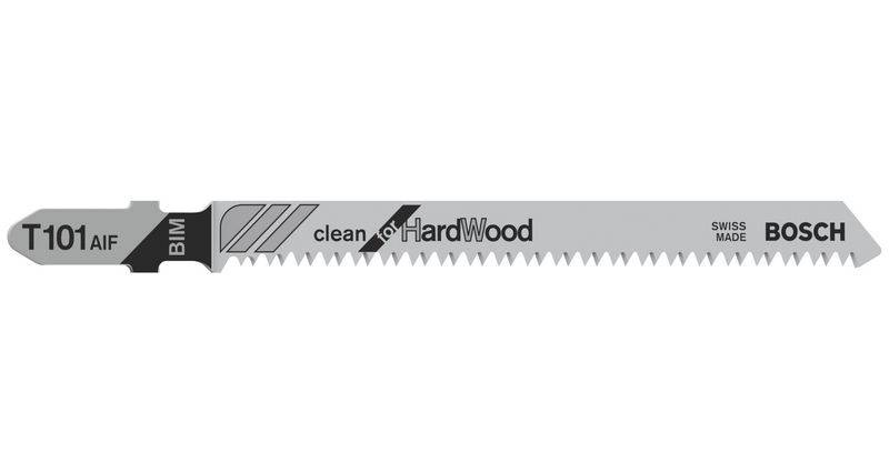 Lame de scie sauteuse en matériau BIM avec marquage 'clean for HardWood', adaptée aux travaux sur bois. Marque Bosch, modèle T101 AIF.
