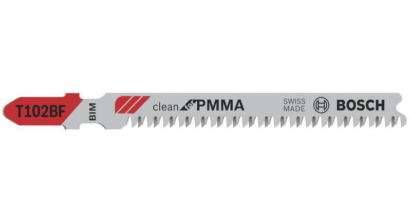 Lame de scie portant l'inscription 'T102BF BIM clean PMMA Swiss Made BOSCH', adaptée pour des coupes précises dans les matériaux PMMA.