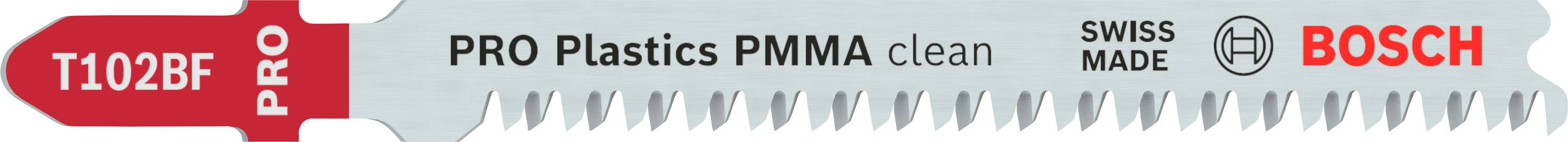 Lame de scie sabre portant l'inscription 'PRO Plastics PMMA clean', 'Swiss Made', et 'Bosch' en rouge et noir sur un fond argenté.