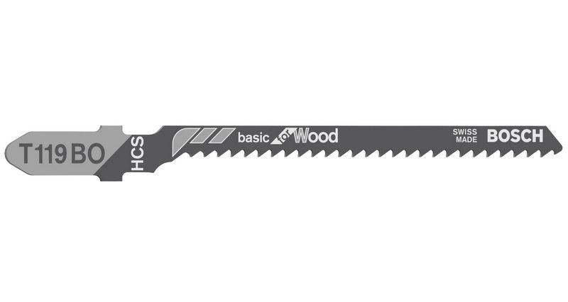 Une lame de scie sauteuse grise portant l'inscription 'T119BO', 'HCS', 'basic for wood', 'Swiss made', 'BOSCH', adaptée aux travaux sur bois.