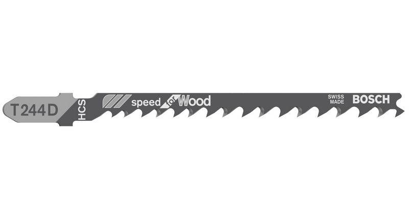 Lame de scie Bosch portant l'inscription 'T244D HCS speed for wood', spécialement développée pour les travaux sur bois.