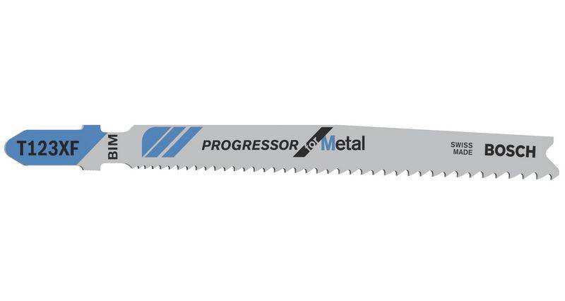 Lame de scie grise portant les inscriptions 'T123XF', 'Progressor for Metal', 'BIM', 'Swiss Made', 'Bosch'. Adaptée pour la coupe de métaux.