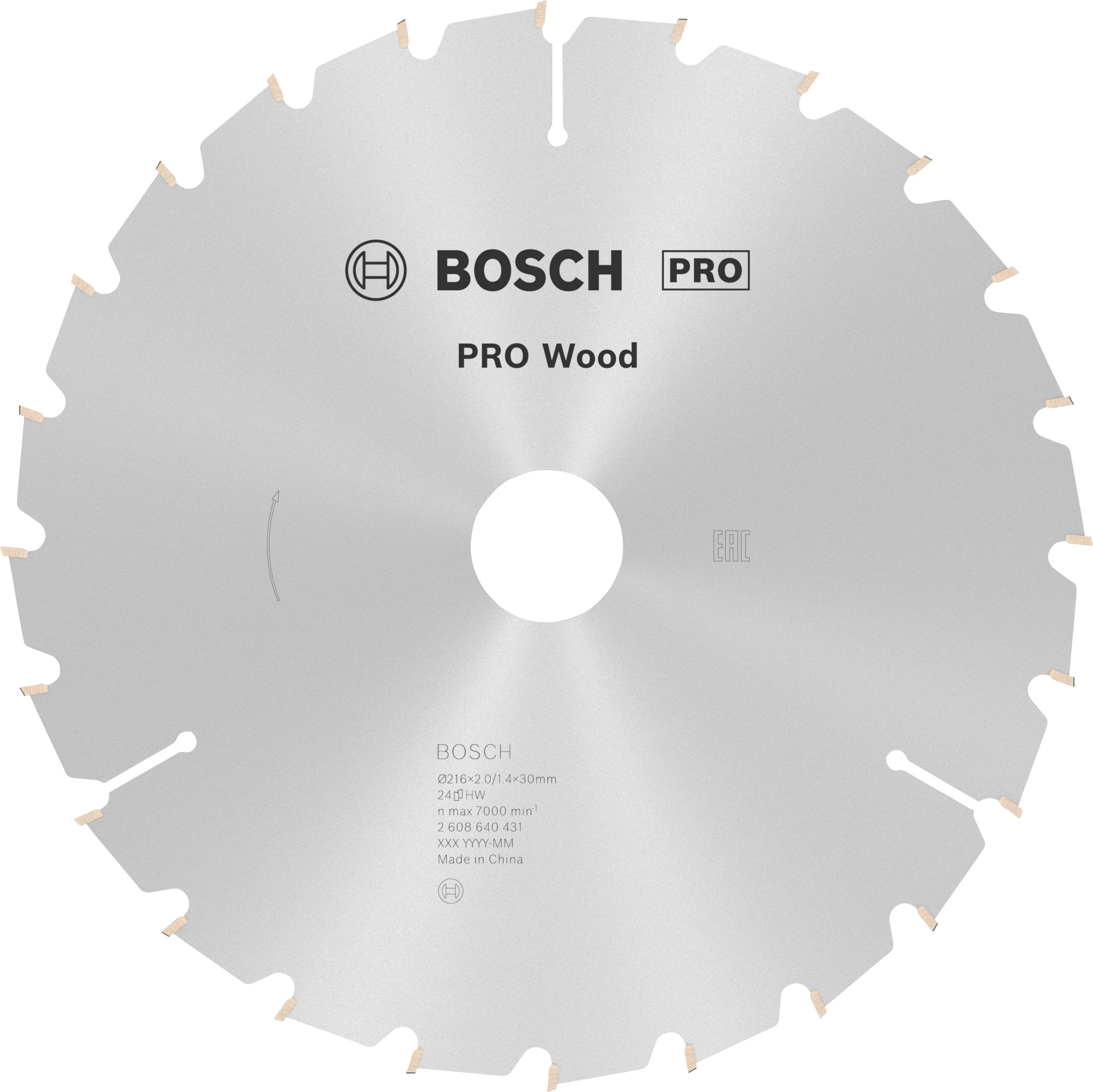 Lame de scie 'Bosch PRO Wood' avec 36 dents en métal ; adaptée aux travaux sur bois. Indication du diamètre au centre de la lame.
