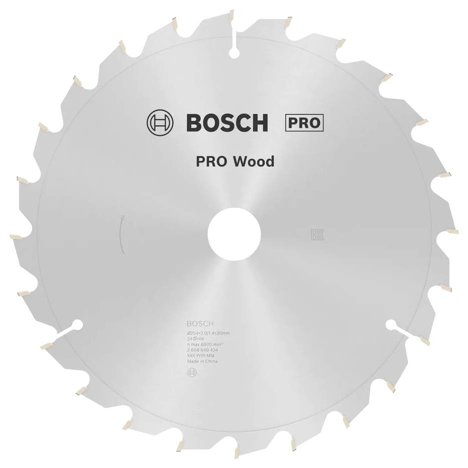 Une lame de scie circulaire Bosch étiquetée 'PRO Wood' conçue pour couper le bois, avec des dents visibles et des détails de produit inscrits sur la surface.