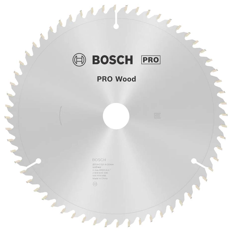 Lame de scie circulaire portant l'étiquette « BOSCH PRO Wood », conçue pour la coupe du bois, dotée de dents tranchantes sur le pourtour pour des performances efficaces.