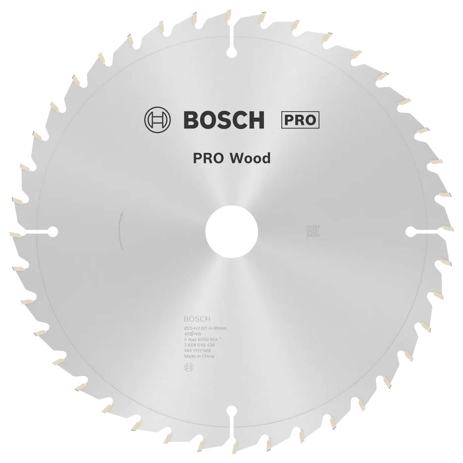 Lame de scie circulaire 'Bosch PRO Wood' avec logo, conçue pour couper le bois, présentant des dents tranchantes régulièrement espacées sur le pourtour.
