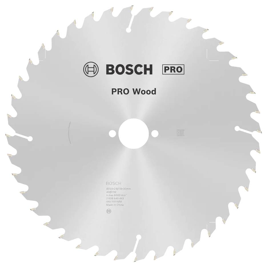 Une lame de scie circulaire Bosch PRO pour le bois avec des dents tranchantes, conçue pour couper le bois, portant le logo Bosch et les détails du produit imprimés dessus.