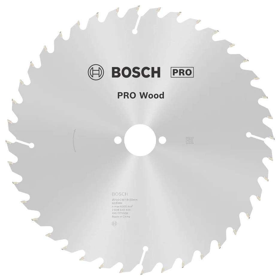 Lame de scie circulaire étiquetée 'BOSCH PRO Wood'. Adaptée pour la coupe du bois. Présente un trou central pour le montage et des dents tranchantes pour une coupe efficace.