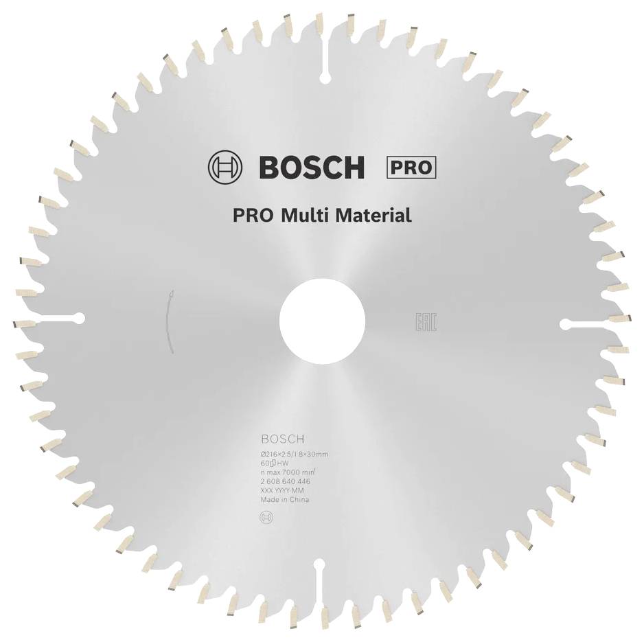Lame de scie circulaire étiquetée « BOSCH PRO Multi Matériaux », conçue pour différents matériaux. Argentée avec des dents régulièrement espacées autour du bord.