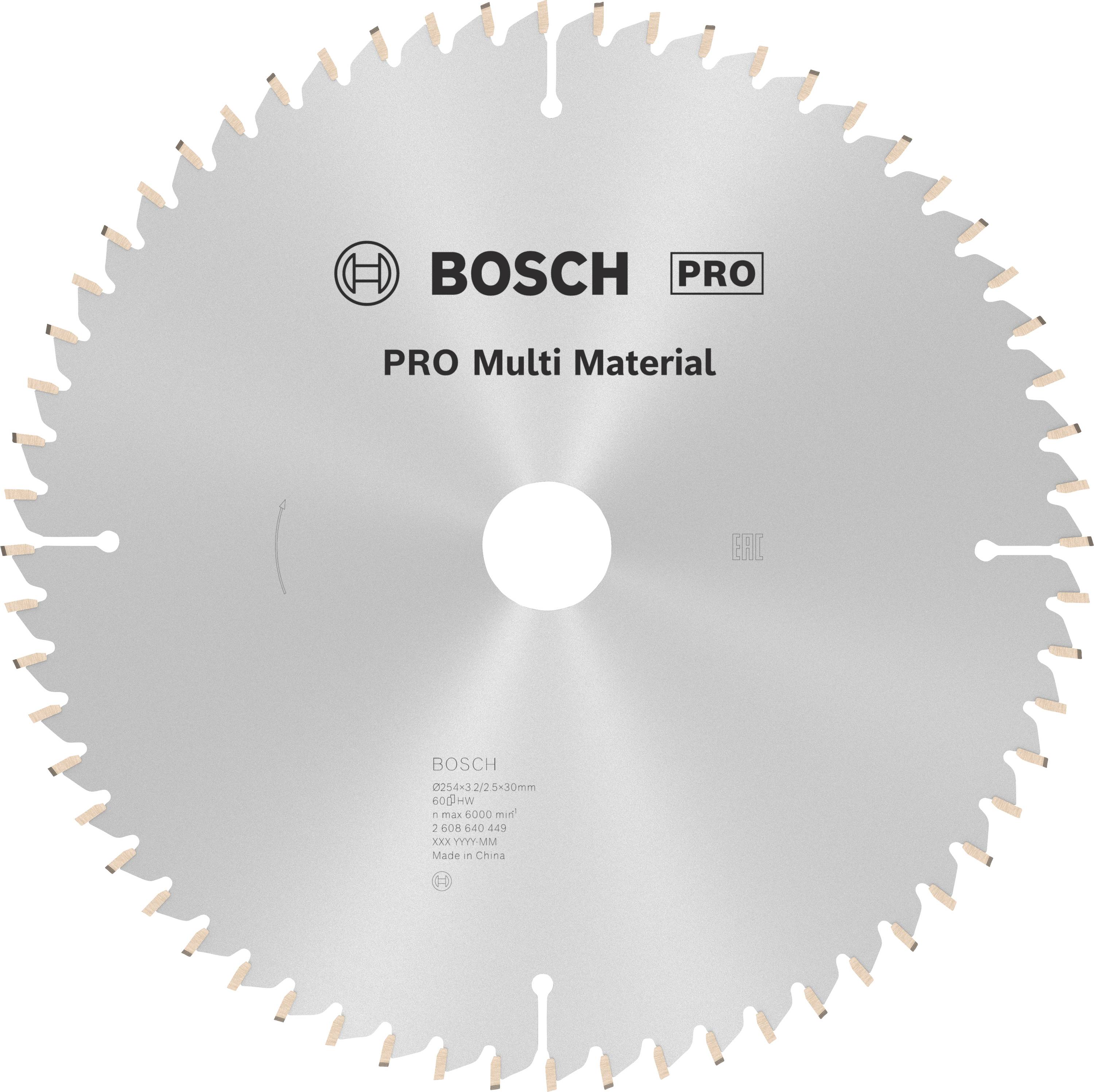 Lame de scie circulaire portant l'inscription 'Bosch PRO Multi Matériaux'. Adaptée à divers matériaux, robuste et durable.