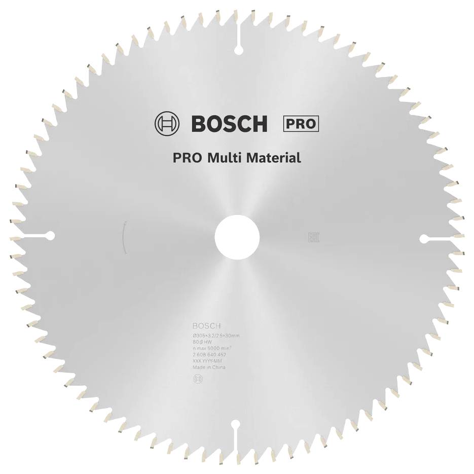 Une lame de scie circulaire avec l'inscription « BOSCH PRO Multi Material » imprimée dessus, présentant des dents tranchantes tout autour du bord, conçue pour couper différents matériaux.