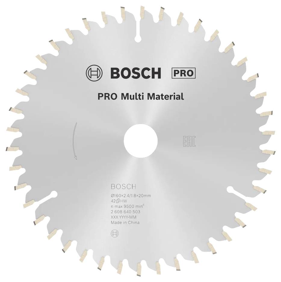 Lame de scie circulaire pour matériaux multiples, étiquetée « BOSCH PRO Multi Matériaux », avec texte indiquant la taille et les spécifications.