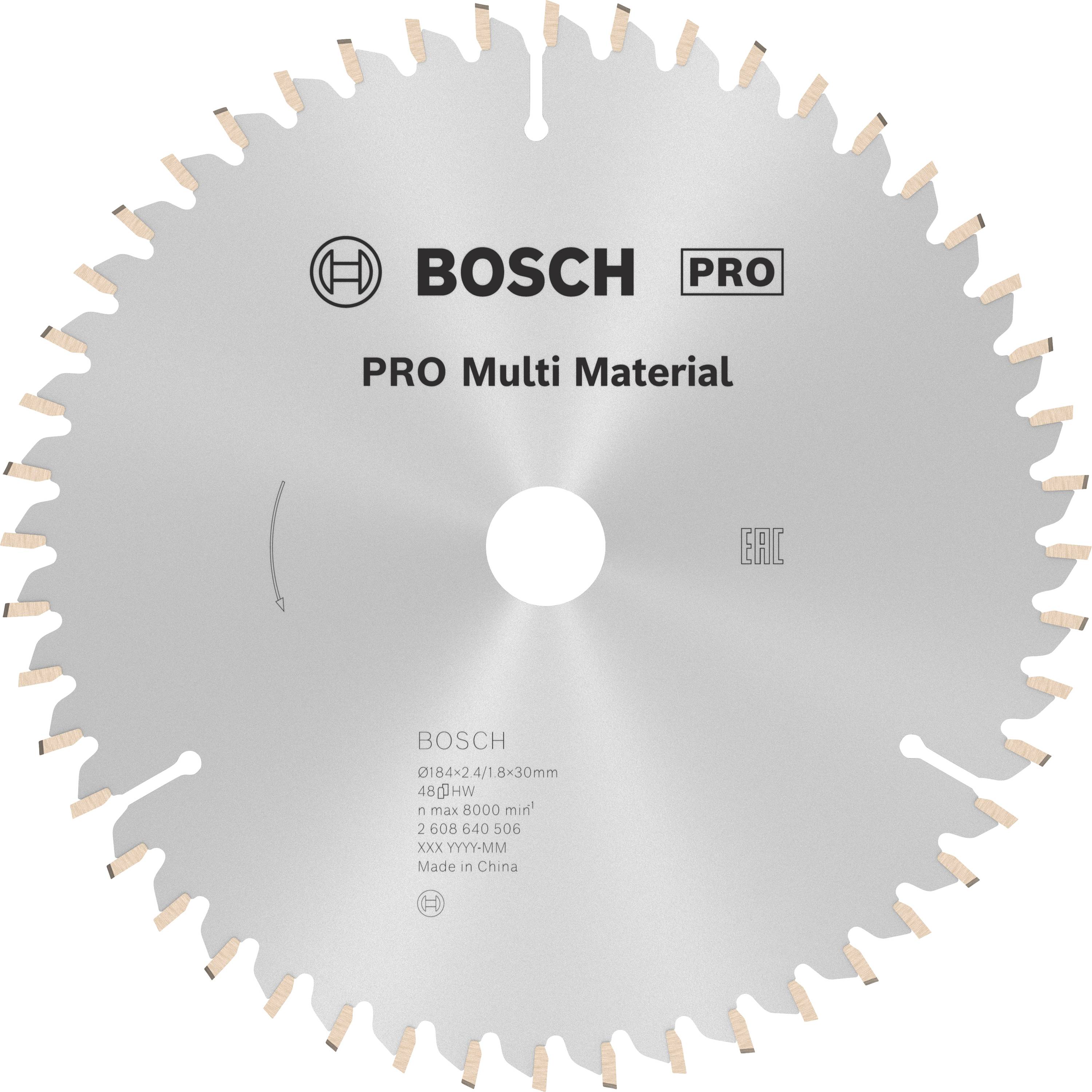 Lame de scie circulaire Bosch pour différents matériaux. Argent, avec inscription ; diamètre et informations supplémentaires au centre.