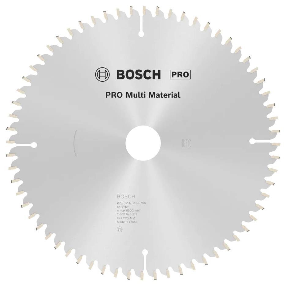 Une lame de scie circulaire étiquetée « BOSCH PRO Multi Matériaux », conçue pour couper différents matériaux, avec des dents tranchantes réparties uniformément tout autour du bord.