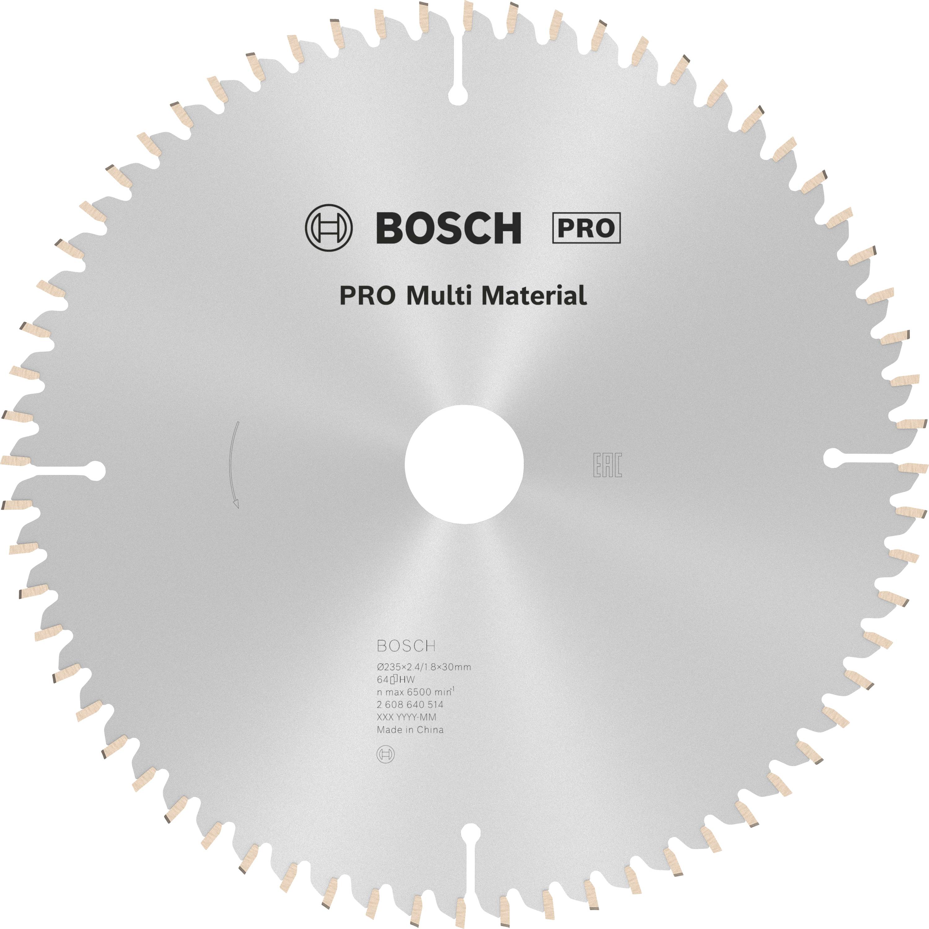 Lame de scie portant l'inscription 'BOSCH PRO Multi Material', diamètre 350 mm. Idéale pour couper différents matériaux.