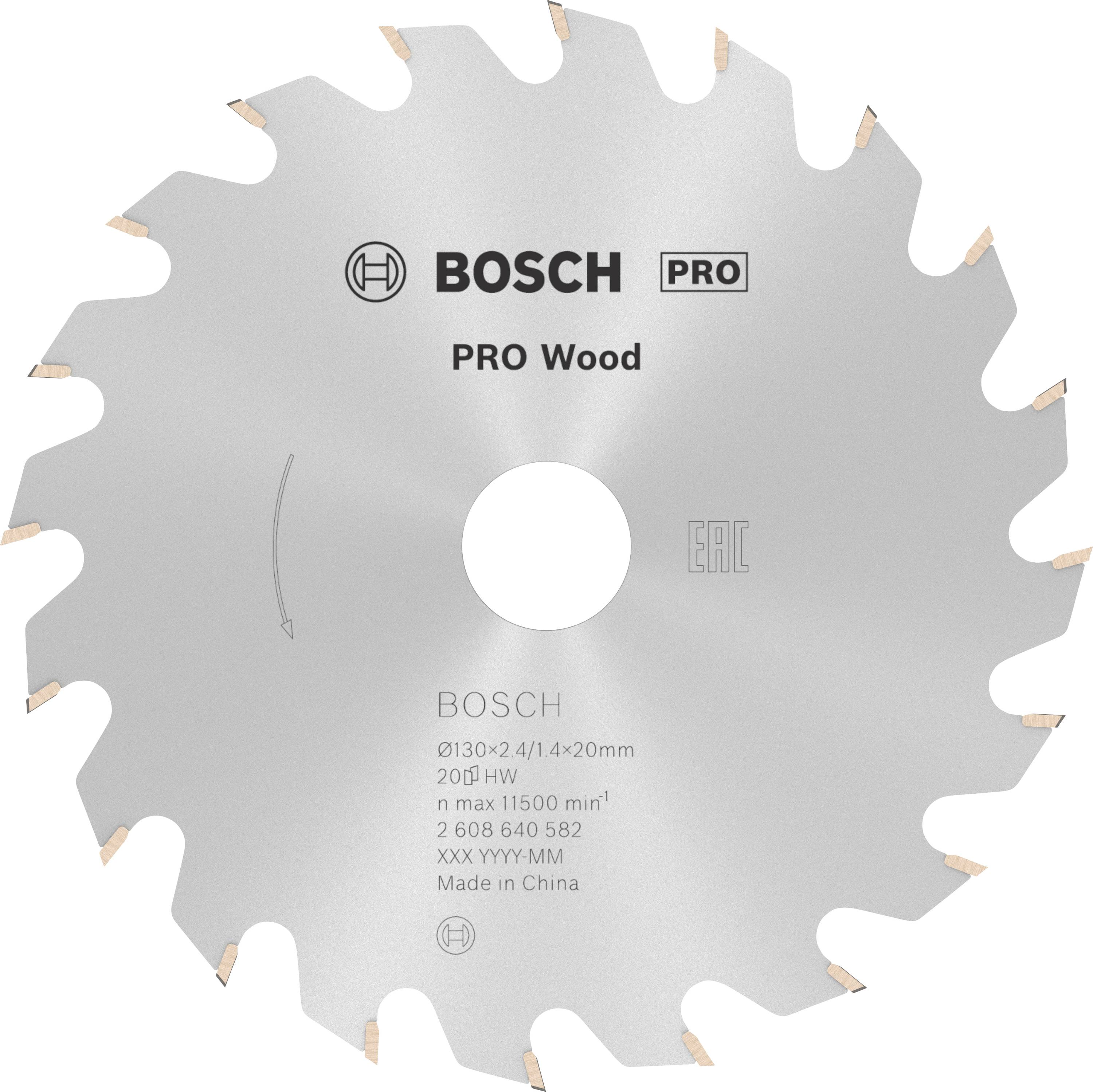 Lame de scie Bosch Pro Wood à plusieurs dents avec l'inscription '210 x 30 x 2,4/1,6 x 20 mm'. Adaptée pour les coupes de bois.