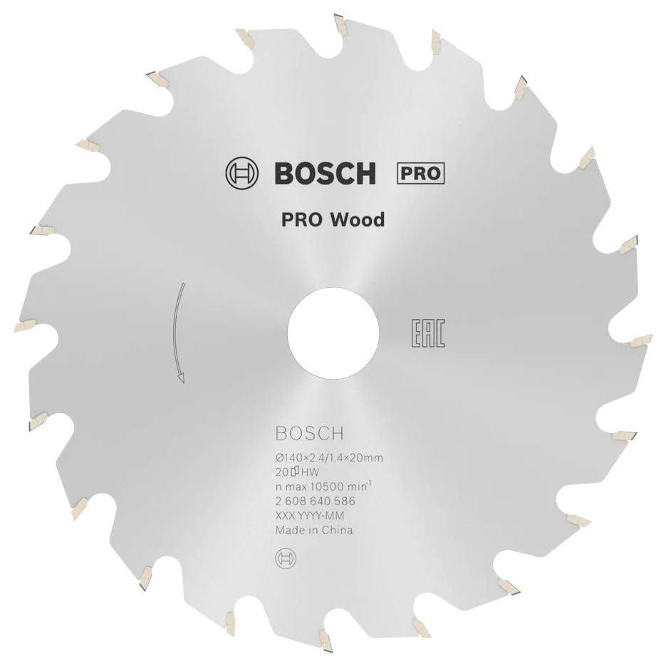 Une lame de scie circulaire portant l'étiquette 'BOSCH PRO Wood' pour le travail du bois. La lame présente des dents alternées et est marquée 'Fabriqué en Chine'.