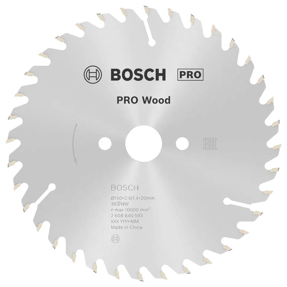 Une lame de scie circulaire en argent aux bords dentelés, étiquetée 'Bosch PRO Wood' avec des spécifications de sécurité pour la coupe du bois.