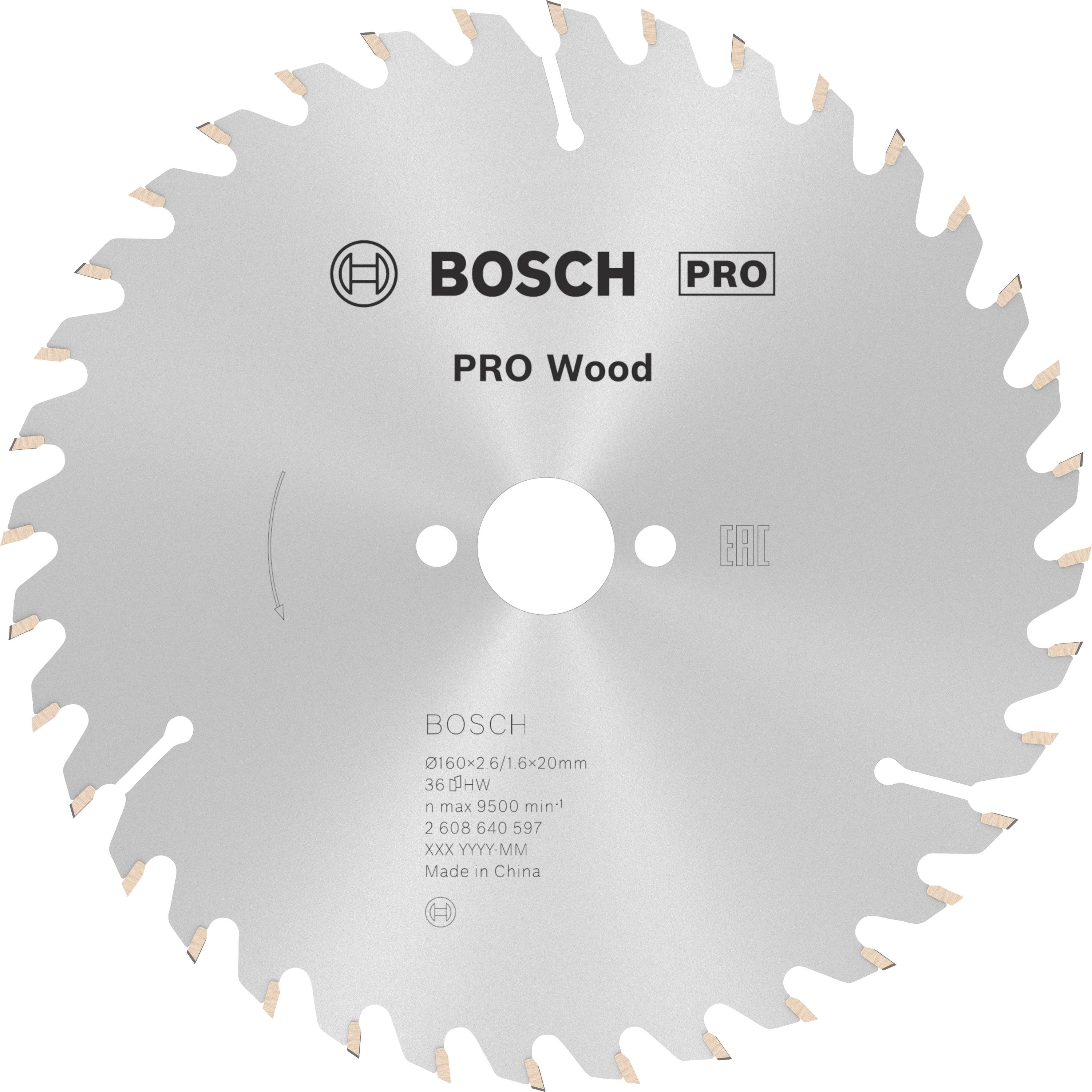 Lame de scie circulaire portant l'inscription 'BOSCH PRO Wood'. Métal argenté aux bords dentelés, adaptée aux travaux sur bois.