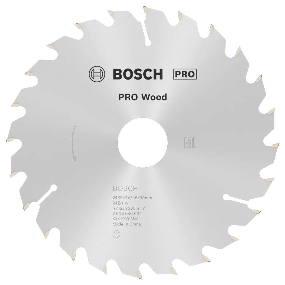 Une lame de scie circulaire Bosch PRO pour le bois avec des dents tranchantes, dimensions 216x2,5x30 mm, destinée à l'usinage du bois. Vitesse maximale 9500 tr/min, 24 dents, fabriquée en Chine.
