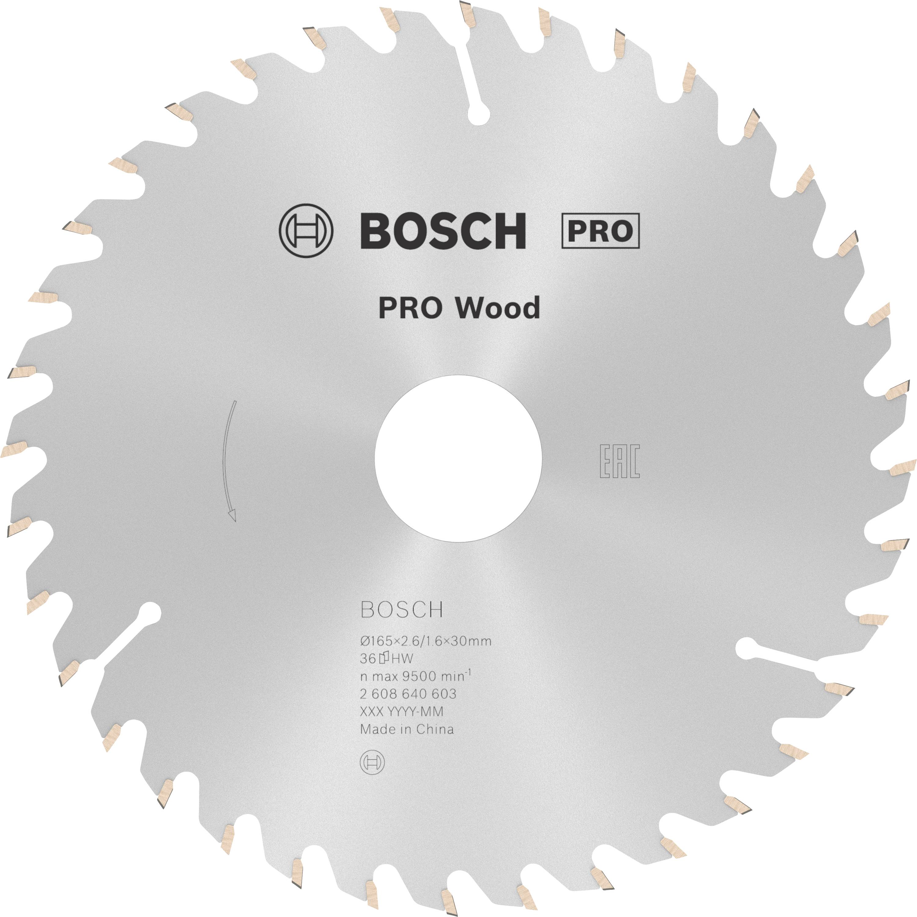 Lame de scie circulaire avec logo Bosch, inscription 'PRO Wood', diamètre 216 mm, adaptée pour le bois, vitesse de rotation maximale de 9500 tr/min.