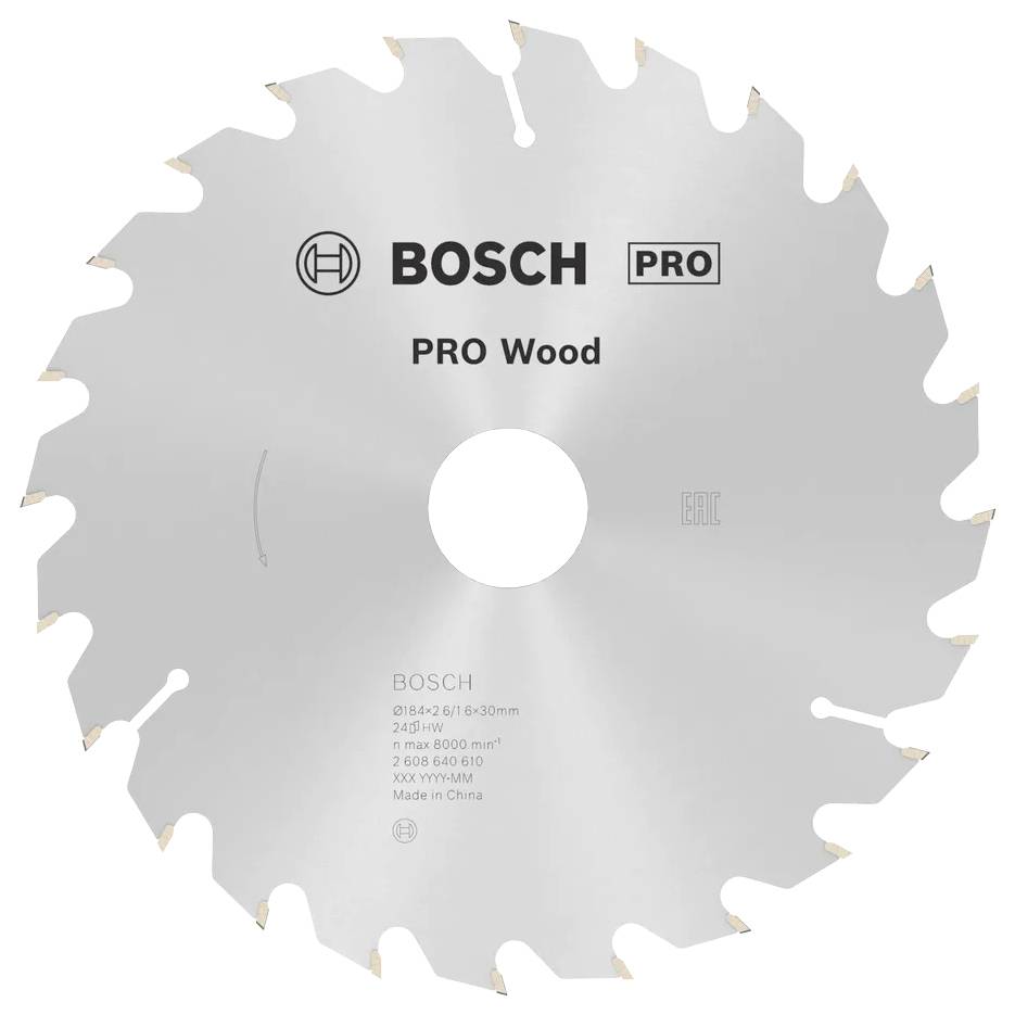 Une lame de scie circulaire portant l'étiquette 'BOSCH PRO Wood' avec de nombreuses dents. Comprend les détails du fabricant et les dimensions. Utilisée pour les travaux de menuiserie.