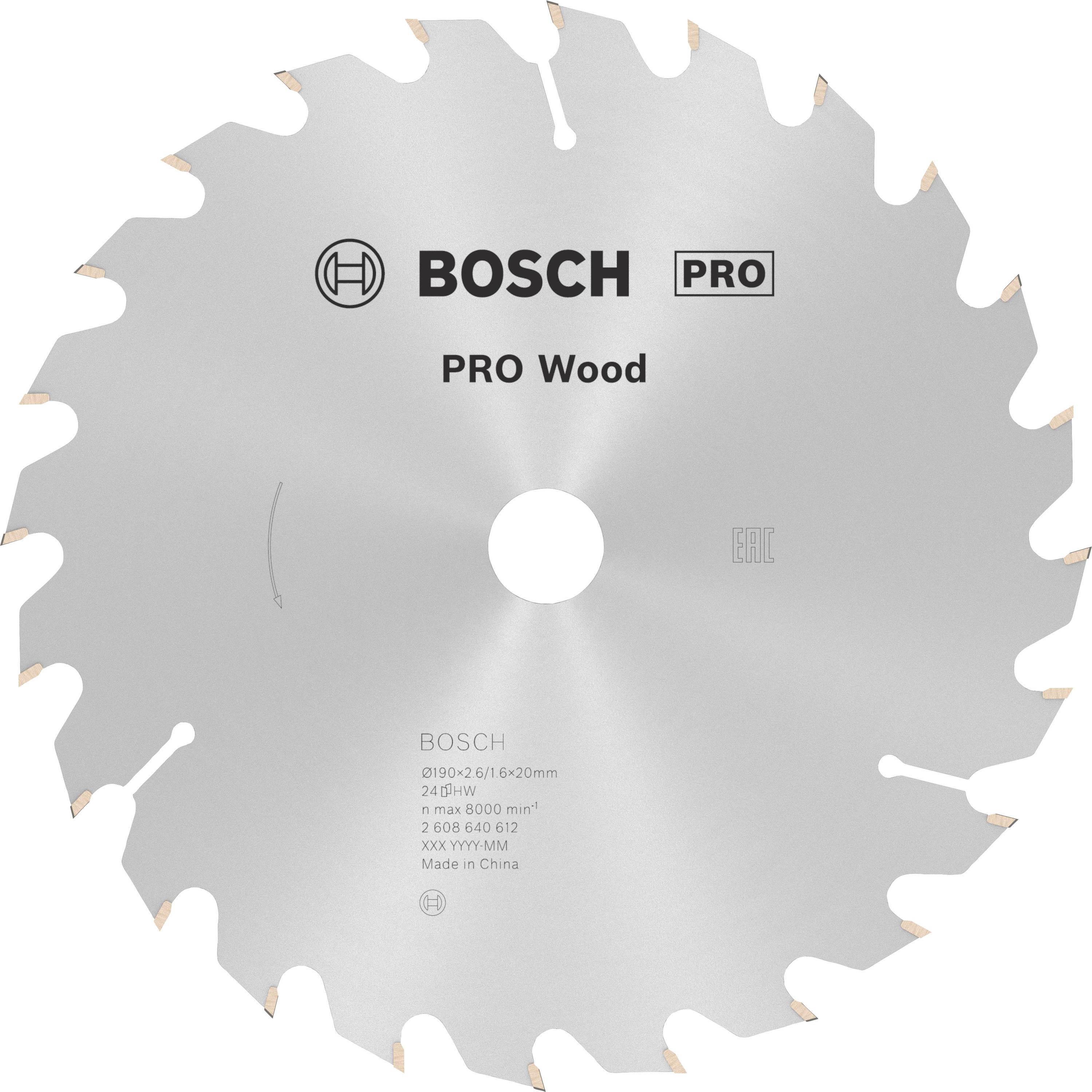 Lame de scie circulaire portant l'inscription 'PRO Wood', adaptée aux travaux sur bois, avec le logo Bosch et les spécifications techniques.