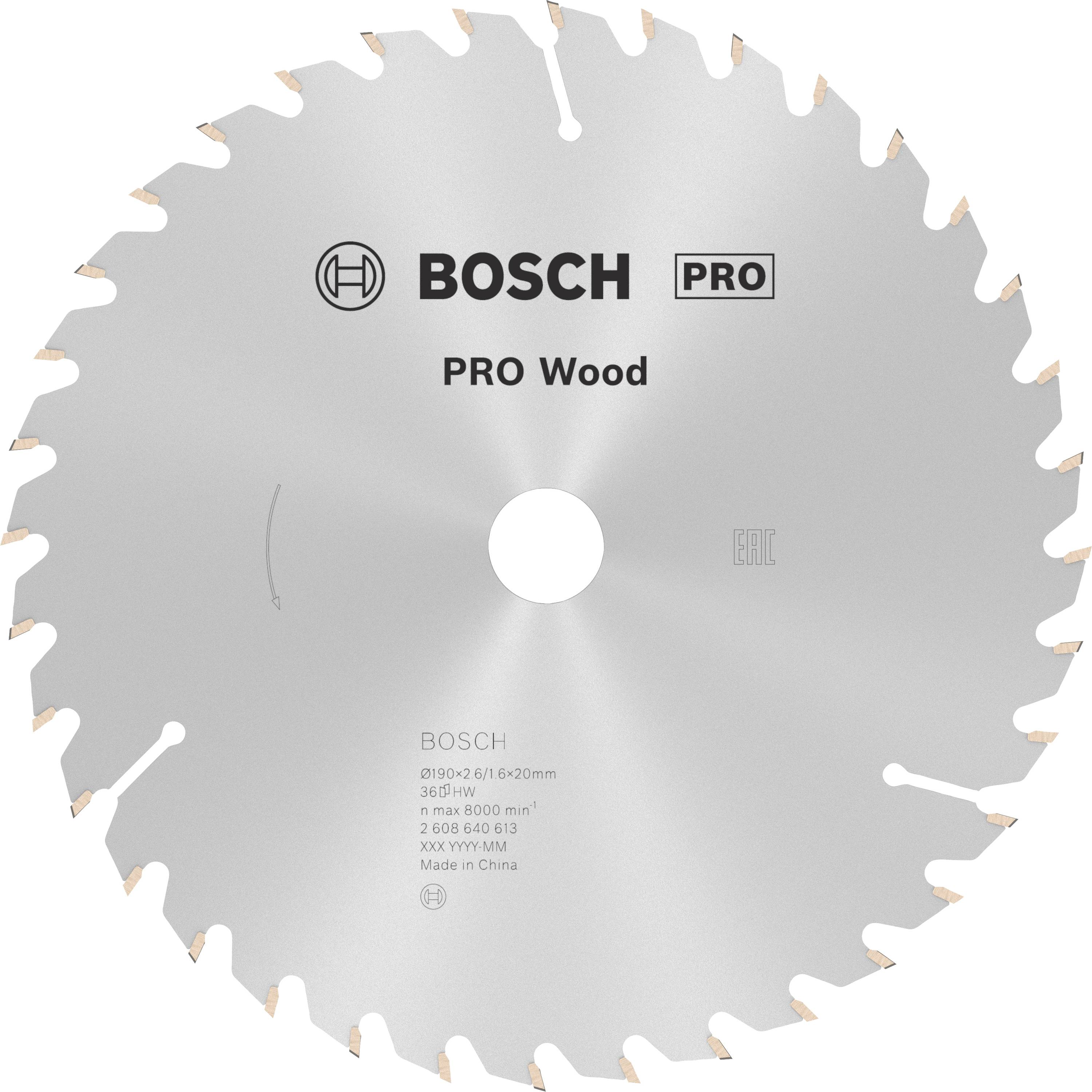 Une lame de scie circulaire Bosch 'PRO Wood' en argent. Lame avec de nombreuses dents pour les travaux sur bois. Marquée de textes techniques et de logos.